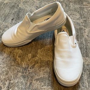 All white slip on VANS, brand new with box, woman’s size 7, men’s size 5.5